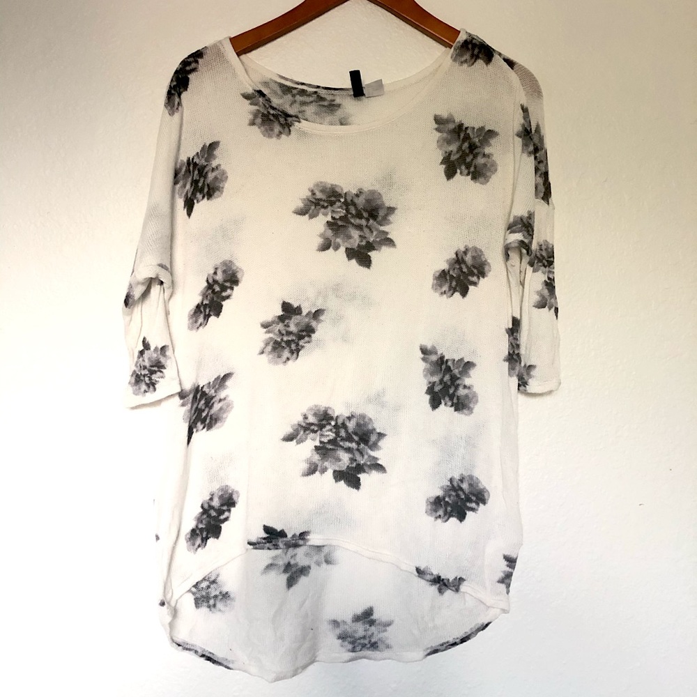 Black + White Knit Sweater Top with Rose Pattern